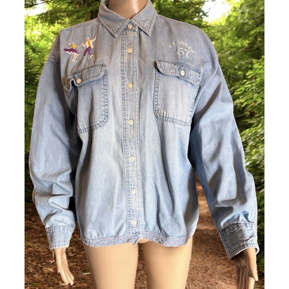 VTG American Rave Blue Denim Long Sleeve Class 57 Embroidered Couple Dancing XL - Picture 1 of 15